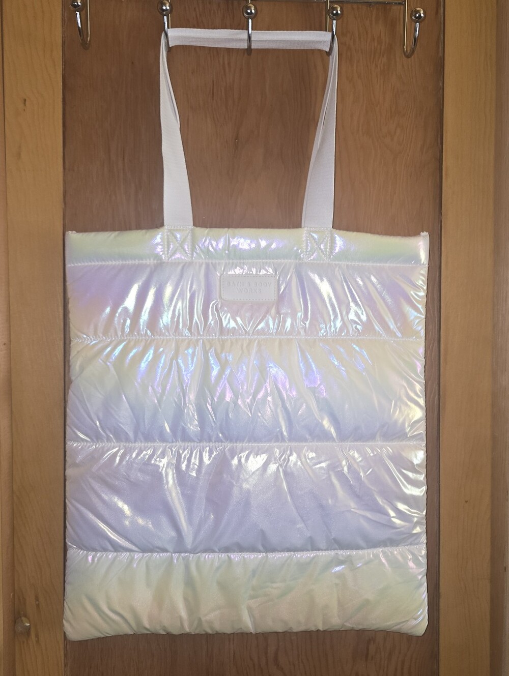 Bath and body works iridescent white large puffy tote purse